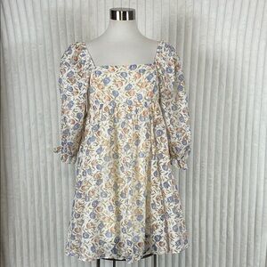 Storia floral print square neck empire waist puff sleeve babydoll mini dress M